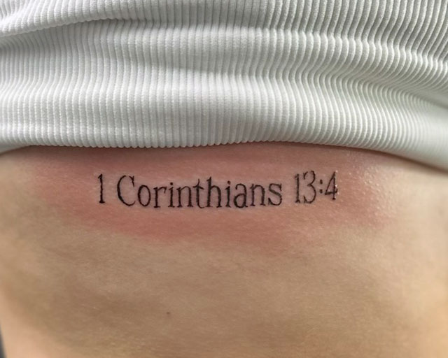 Lettering Font and Script Tattoo that says 1 Corinthians 13:4