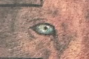 A tattoo depicts a lion's face within a cross, with the image of Christ's crucifixion at the bottom.